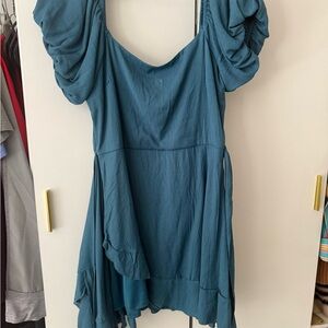 Blue puff sleeve wrap dress
